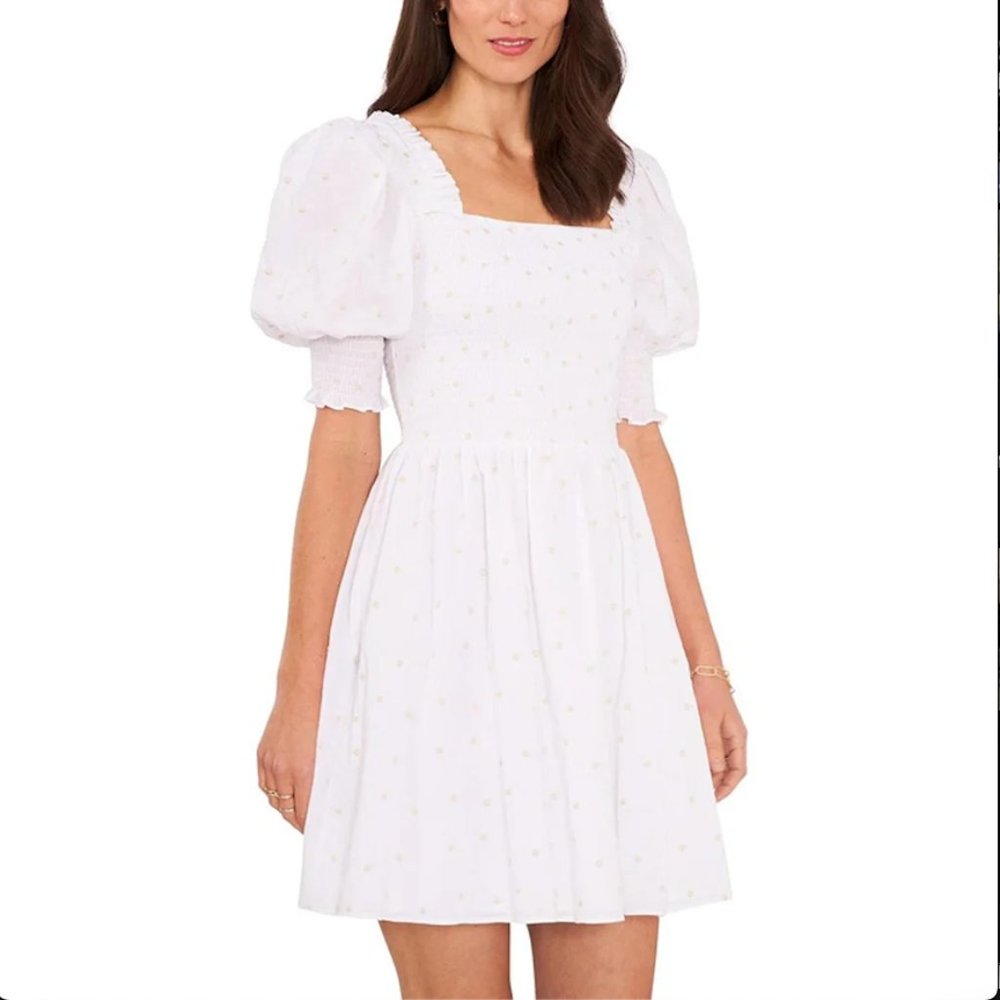 XL 1STATE Puff Sleeve Smocked Minidress Ultra White